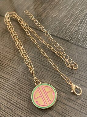 OOAK Lilly Pulitzer Logo Medallion Necklace, Gold-tone with Pink & Green Enamel